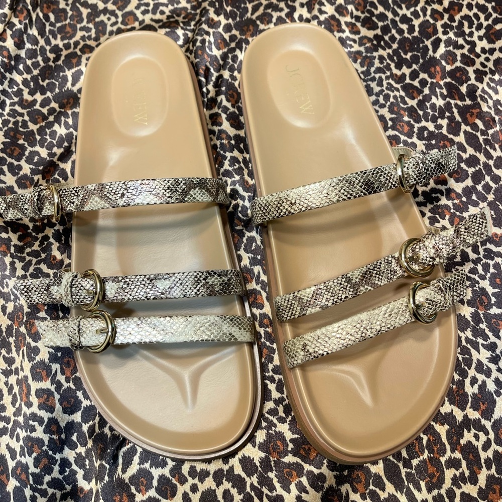 J.Crew Snakeskin Print Triple Strap Slide Sandals